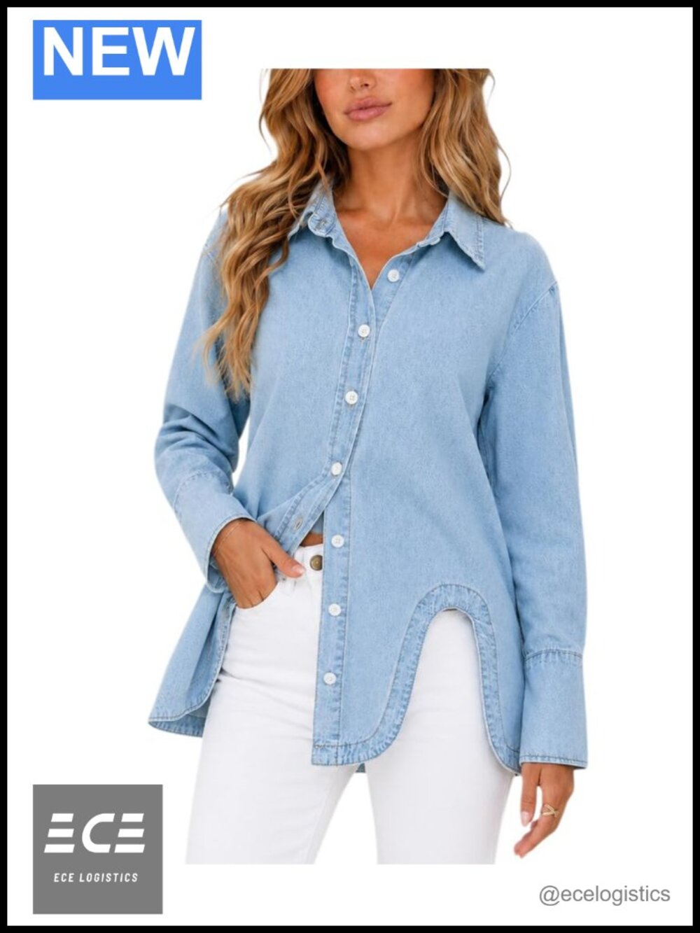 Oversized Denim Button Down Shirt Asymmetrical Hem Cotton-Poly Blend